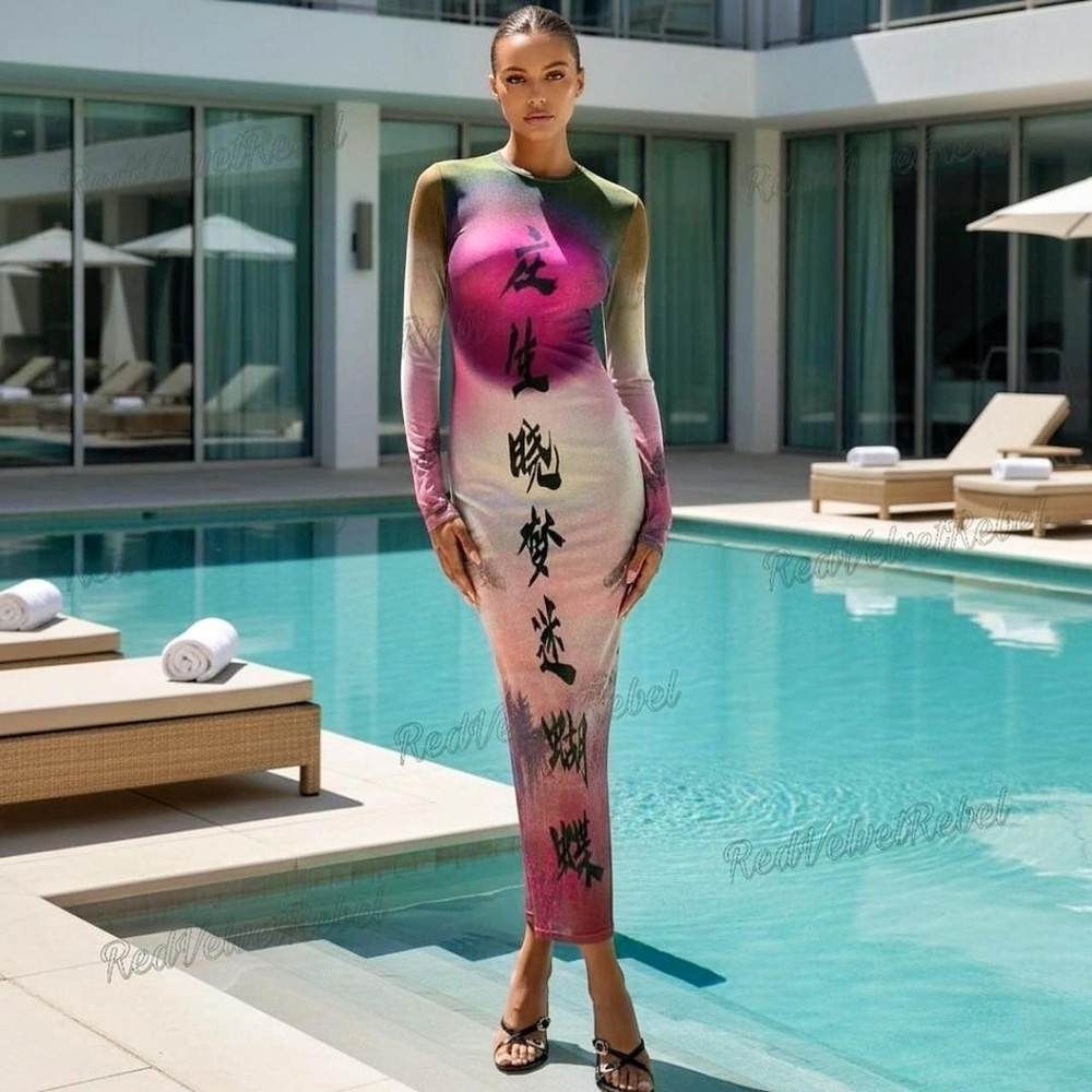 NWT Round Collar Oriental Text Print Mesh Bodycon Midi Dress Sz M